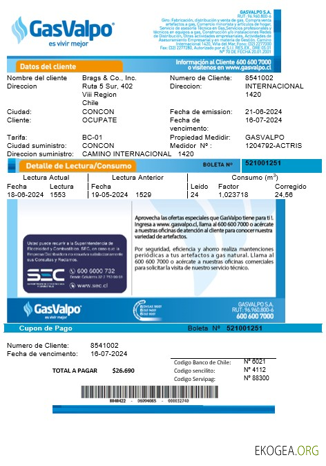 Modèle de facture de services publics pour les entreprises Chili GasValpo entièrement modifiable aux formats Word et PDF1